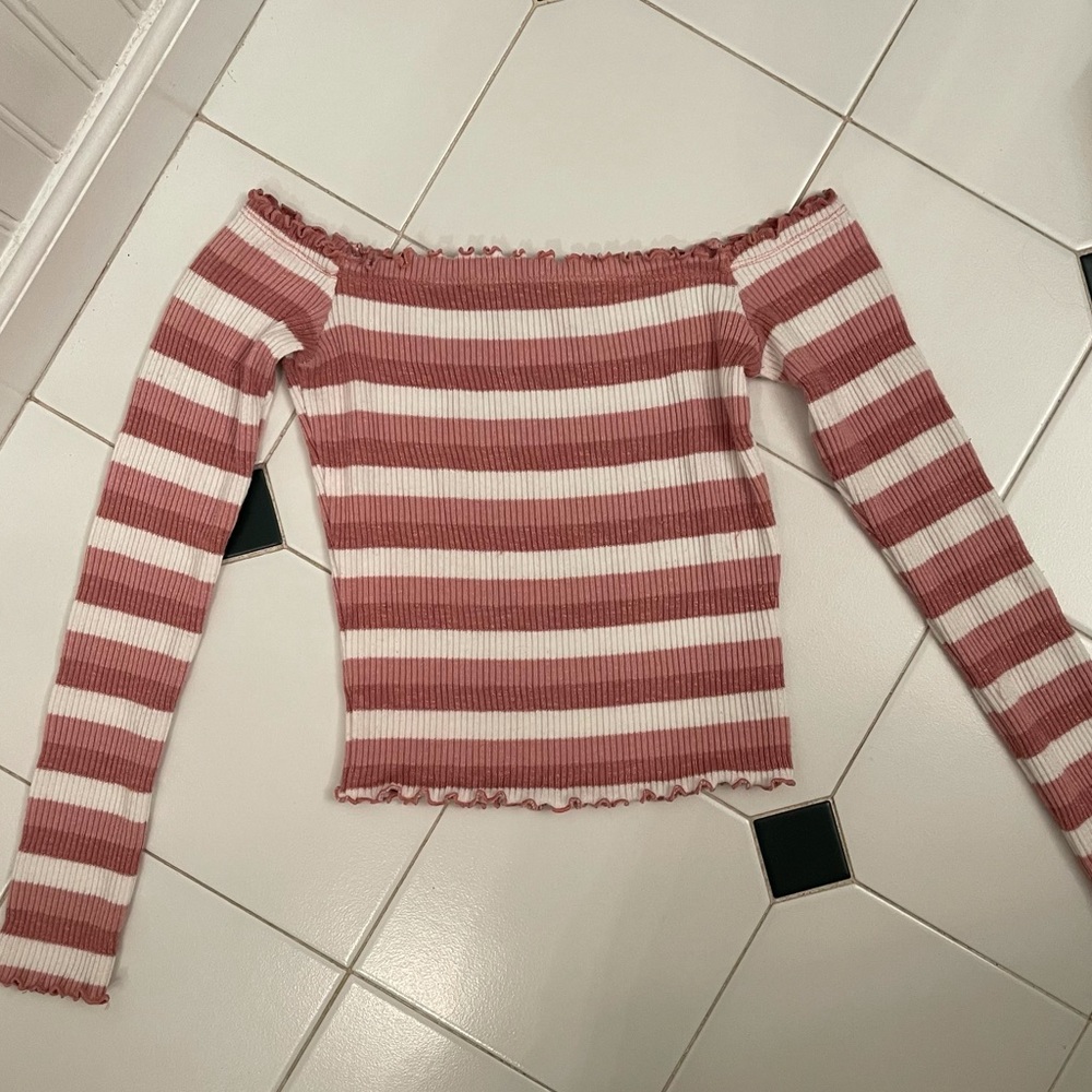 Better Be Soft Pink and White Striped Off The Shoulder Crop Sweater